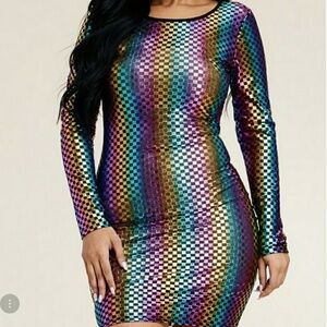 Long Sleeve Multi Foil Color Party Glam Midi Dress